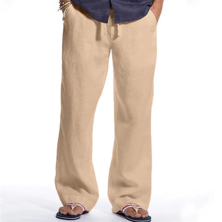 Модные мужские прямые брюки из хлопка и льна, свободные повседневные брюки с завязками на шнурке, дышащие повседневные брюки