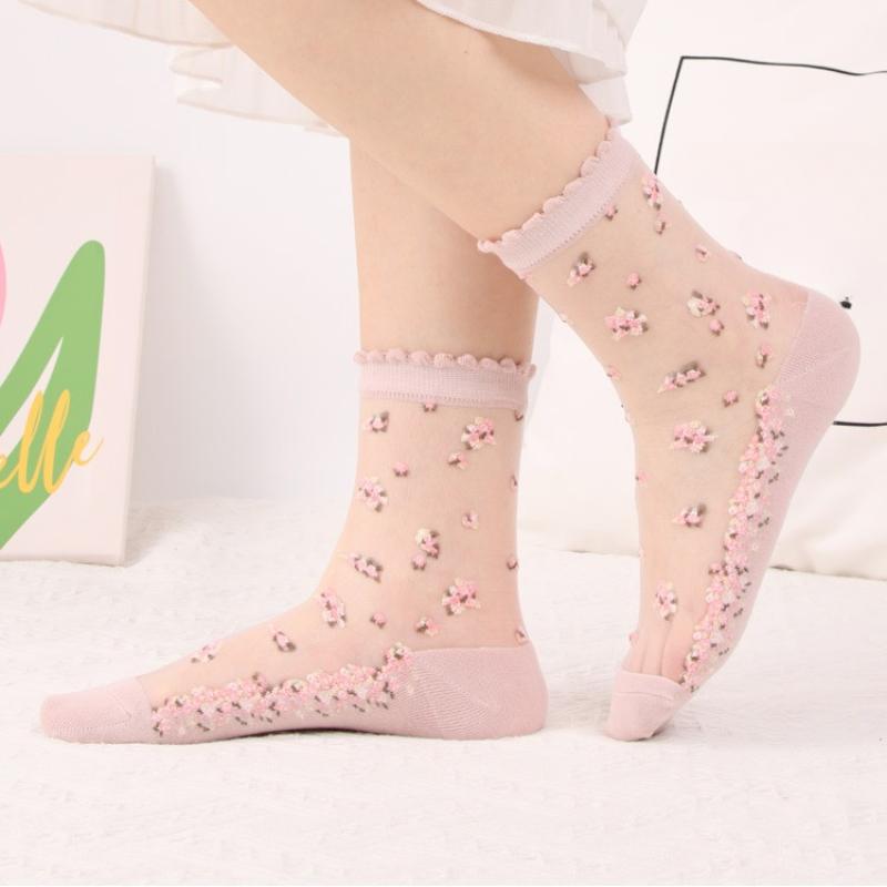 2 пары женских летних цветочных тонких прозрачных эластичных дышащих хлопковых носков