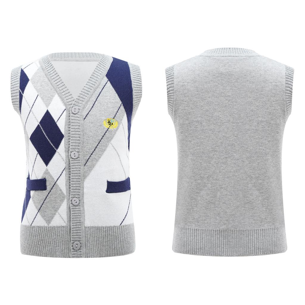 Детская стильная одежда для мальчиков без рукавов с v-образным вырезом и ромбовидным принтом, вязаный жилет на пуговицах, топ