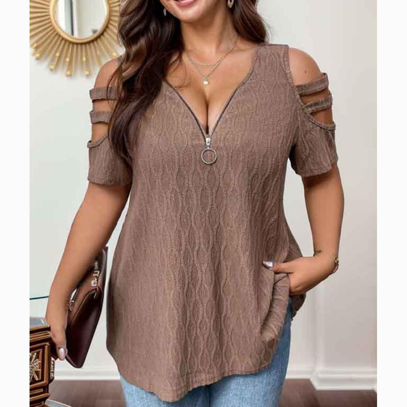 Летняя однотонная женская футболка с открытыми плечами на молнии с v-образным вырезом, топы с коротким рукавом, повседневная футболка больших размеров, женская мода, элегантные вязаные футболки 24125