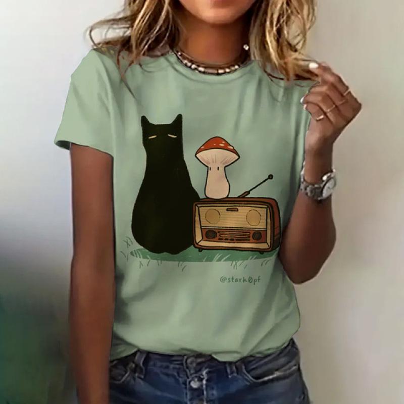 Women's T-shirt Cat Print Short Sleeve Summer Casual Wear Loose Top Fashion Round Neck Short Sleeve Women's Elegant T-shirt