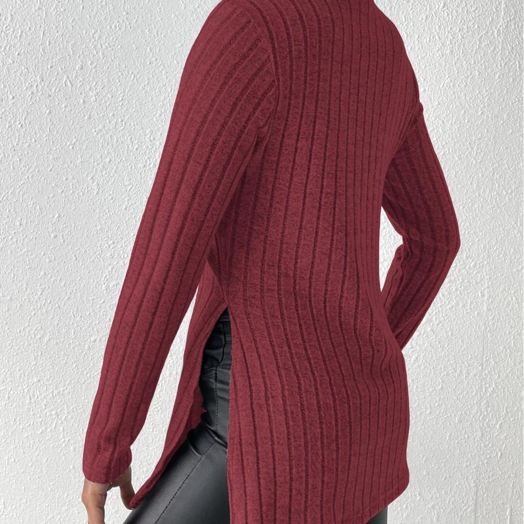 Женский свитер средней длины с высоким воротом и разрезом, осень/зима