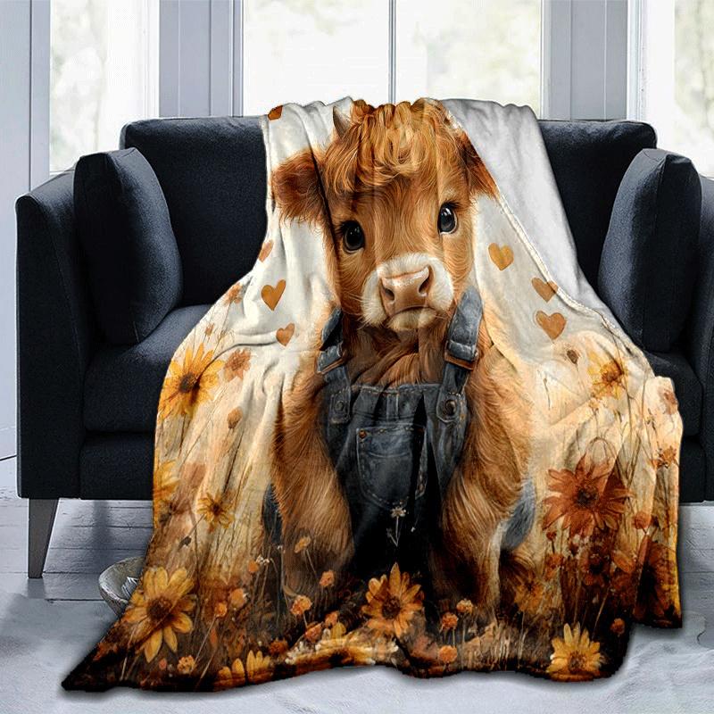 1pc Highland Cow Printing Lightweight Flannel Blanket, Comfortable and Warm Blanket, for Camping Sofa Bed and Couch Office, Suitable for Gift