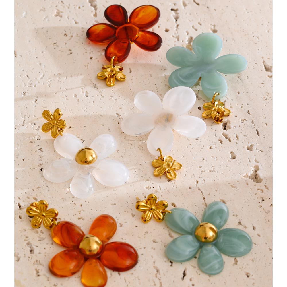 Yhpup Resin Flower Drop Dangle Earrings for Women Stainless Steel Fashion Jewelry Amber White Cyan Color