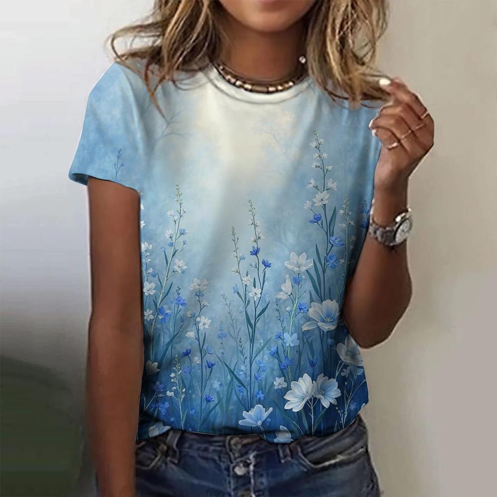 2025 New Summer Temperament Women's Floral Blue Printed Women's T-shirt Round Neck Short Sleeve Street Casual Daily Basic Tops