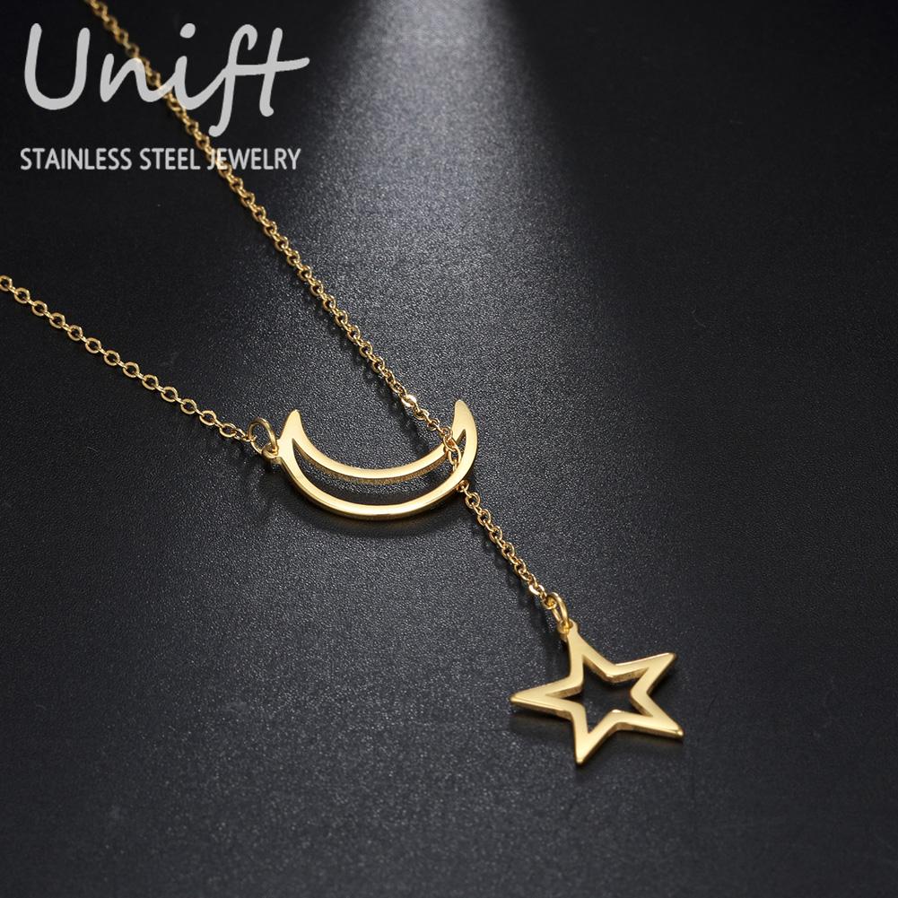 Unift Fashion Moon Star Pendant Necklace Simple Stainless Steel Star Moon Collarbone Chain Gold Color Necklaces for Women