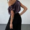Женская рубашка с косым плечом, асимметричная, с открытыми плечами, блузка с бантом, повседневный стиль для commute, свободный крой, атласные топы, для повседневной носки