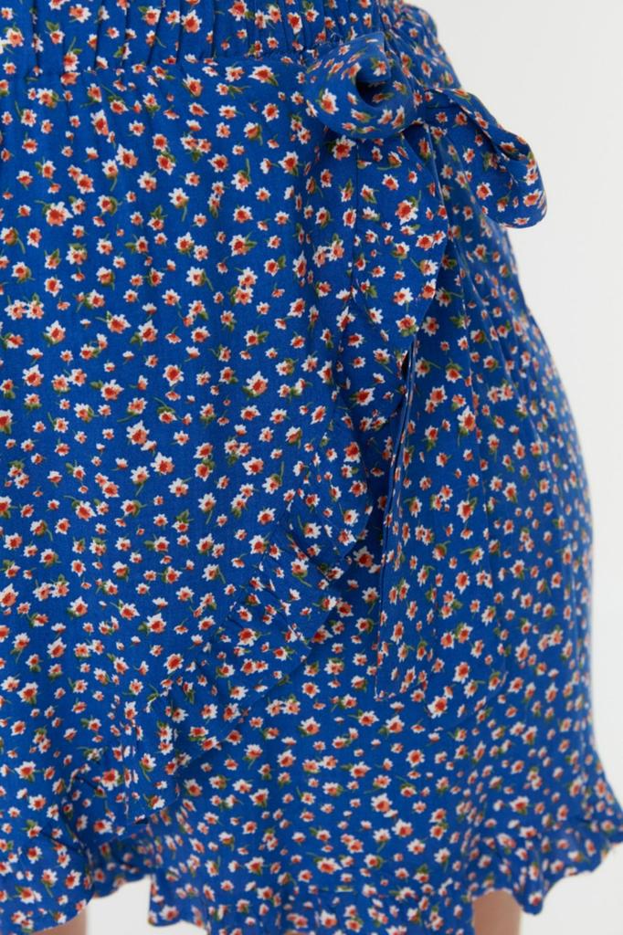 Women's Style Plus Size Navy Blue Floral Patterned Woven Tied Shorts Skirt