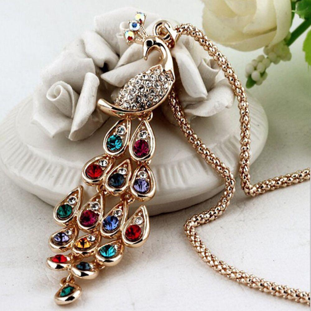 Hot Sale Special Trendy Unique New Colorful Crystal Peacock Pendants Necklaces for Women Long