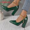 Fashion Aphixta Hot Sale Sexy Super High Heel 10cm Square Heels Pumps Women Gold Metal Chain Ankle Strap Shoes Pointed Toe Big Size50 53