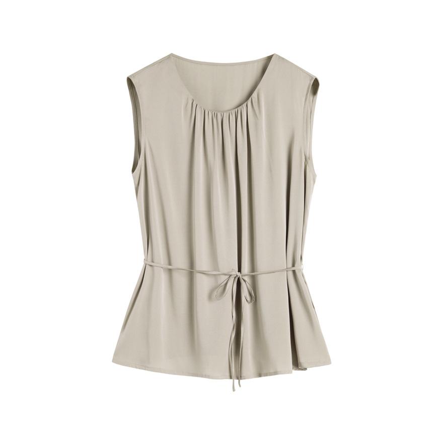 Летний новый шелковый жилет женский без рукавов шелк тутового дерева сатин на шнуровке короткий плиссированный топ с круглым вырезом