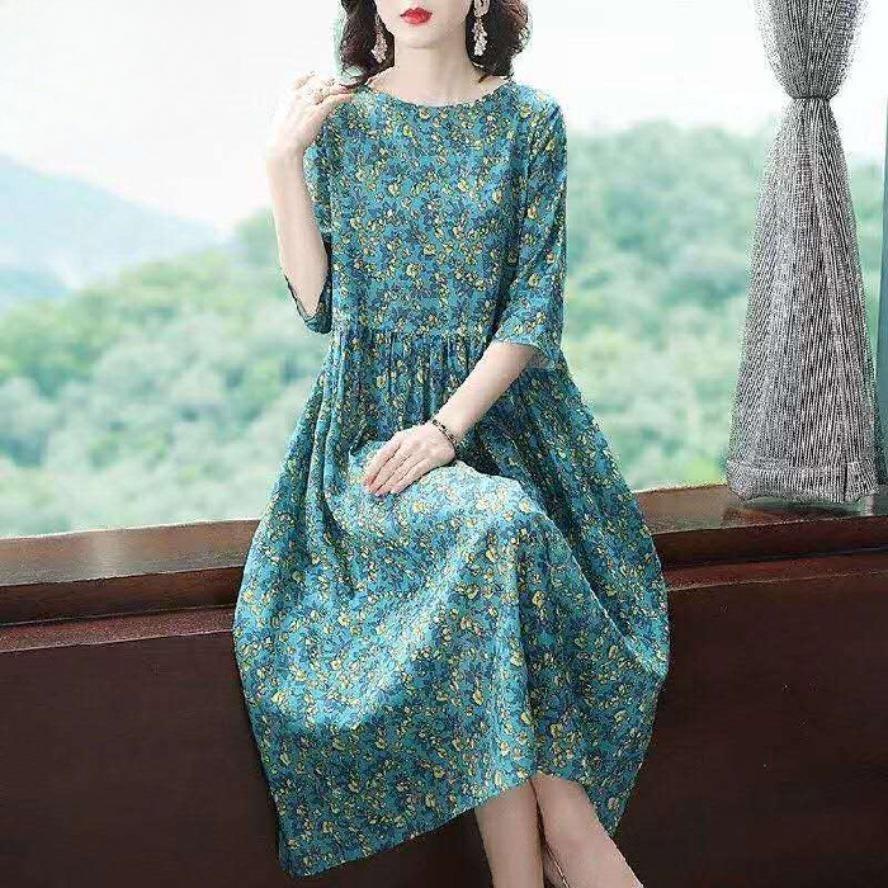 Women's Fashion Summer Spring Flower Pattern Print 1/2 Sleeves O-Neck Loose Waistline Casual Dresses