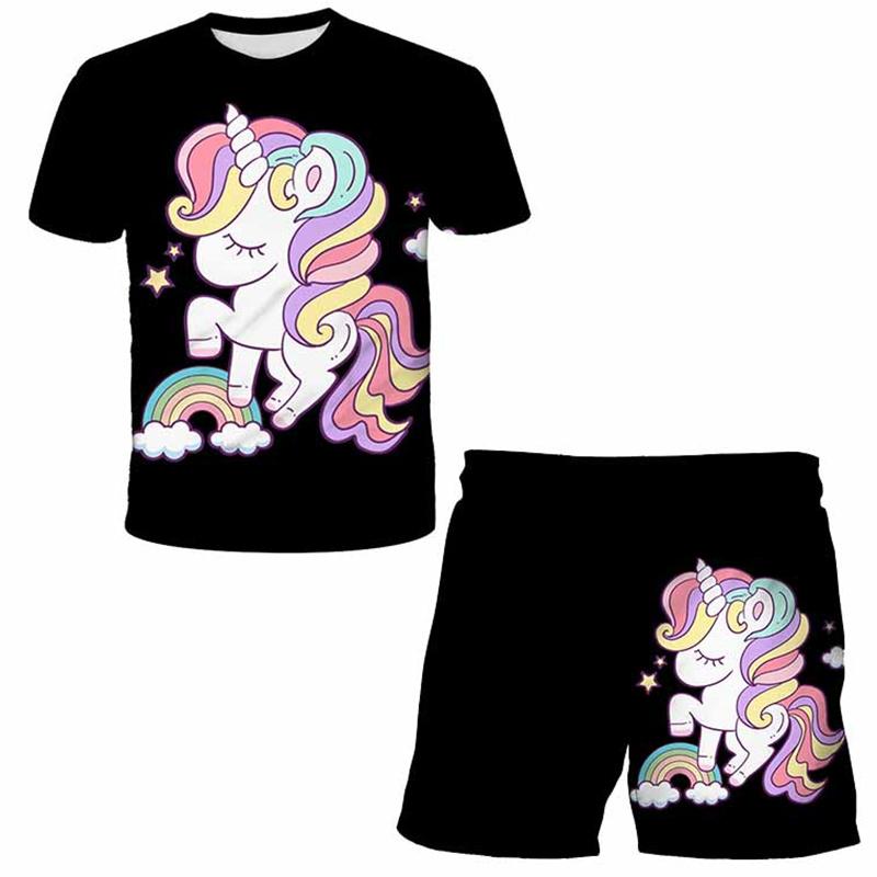 Children Girls Clothes Unicorn Baby Popular Print 3D Lovely Fashion T shirt+Short Pants Set Cartoon T Shirt 2Pcs Kids Suit
