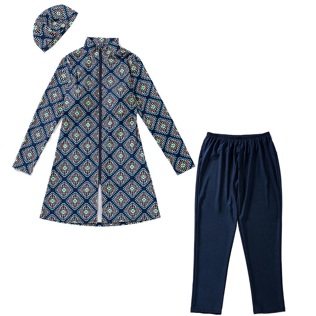 S-3XL женский мусульманский купальник с длинным рукавом, купальный костюм с кепкой и принтом, купальник с полным покрытием, купальный костюм из 3 предметов, защита от солнца