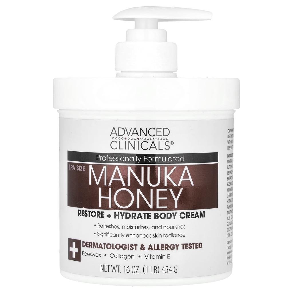 Advanced Clinicals Manuka Honey, Restore + Hydrate Body Cream, 16 Oz (454 G)