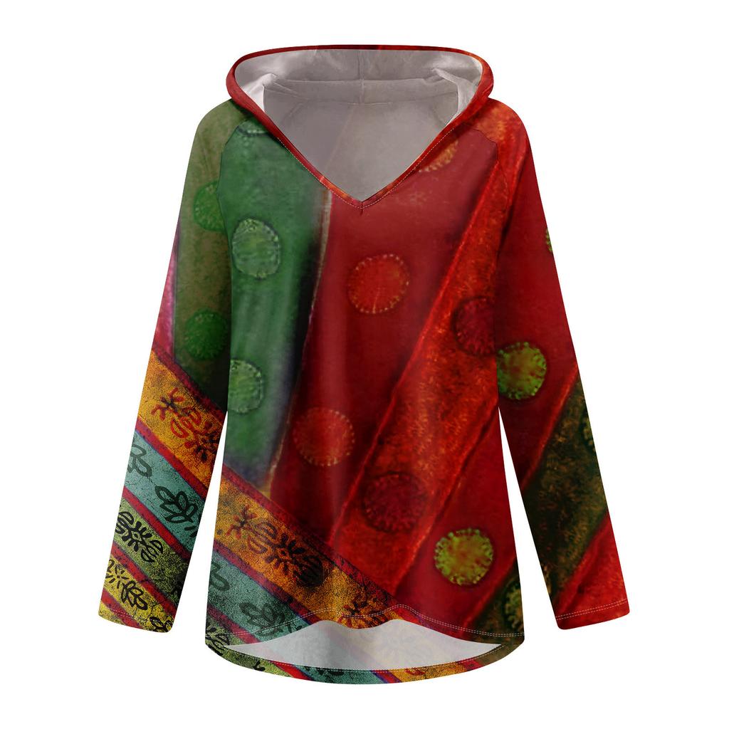 Women's V-neck Hooded Loose Long-sleeved Tops Casual Tops Home Leisure Pajamas Tops