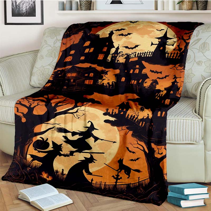 Halloween Pumpkin Ghost Print Flannel Blanket Cozy Warm Throw Bedroom Sofa Present Indoor Home Holiday Lounge Bedding Decor