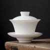 Suet jade white porcelain drawing Phnom Penh Sancai cover bowl teacup Kung Fu tea set tea bowl pure white large warm brewing tea bowl
