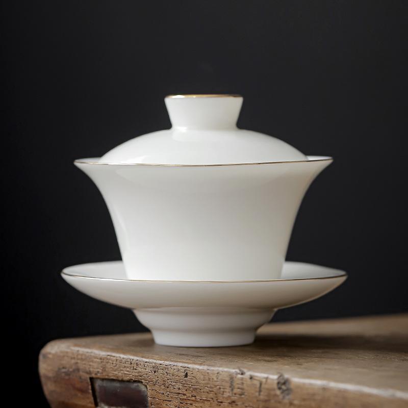 Suet jade white porcelain drawing Phnom Penh Sancai cover bowl teacup Kung Fu tea set tea bowl pure white large warm brewing tea bowl