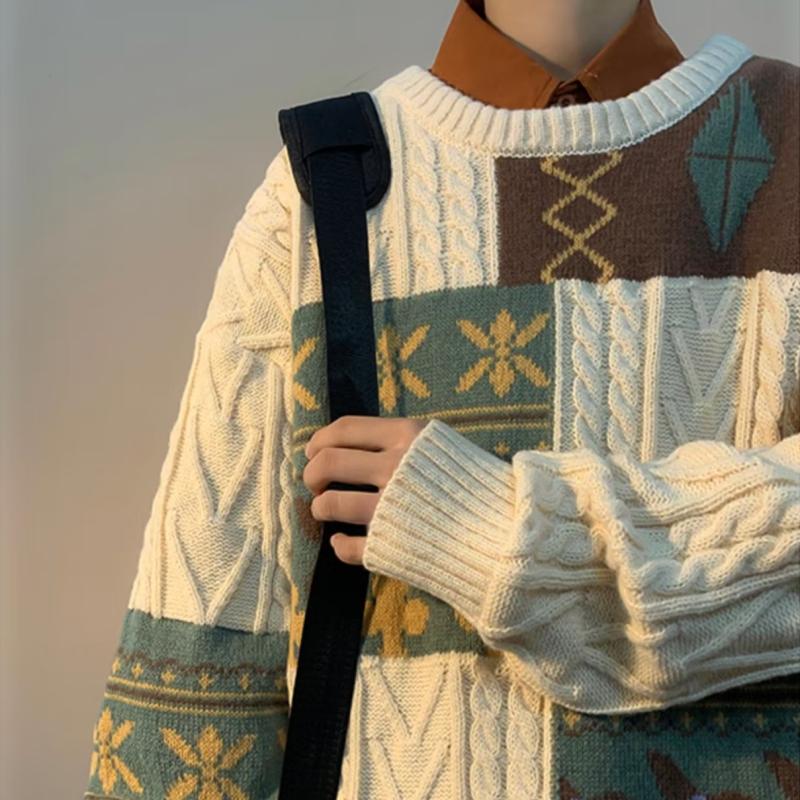 Sweater Men's Winter Thickened Lazy Base Knit Retro Stitched Warm Loose Thread Jacket