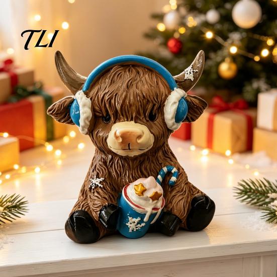 Resin Highland Cow Statue Winter Figurine, Cattle for Holiday Figurine Desk Decor, Animal Shape Ornament Home Office