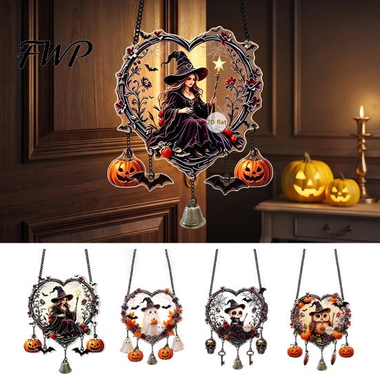 Halloween Wall Hangings Acrylic Love Heart Wreath Ornament, Cartoon Owl Ghost Witch Festive Hanging Decoration Skeleton Decor, Party Pendant with Bell