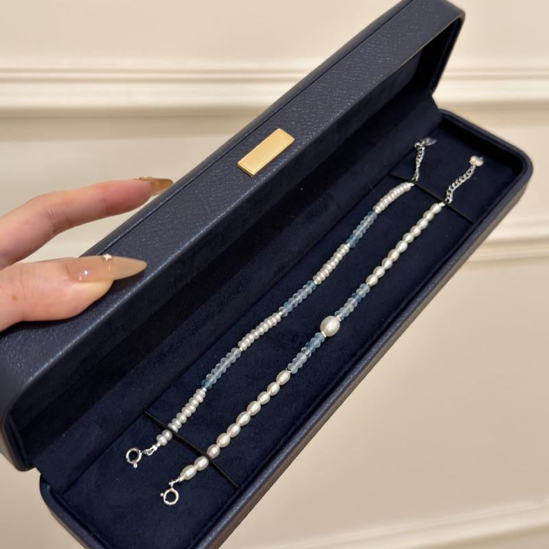 Handmade Sterling Sea Blue Topaz Bracelet With Freshwater Pearl Stackable Design Women Ins Style