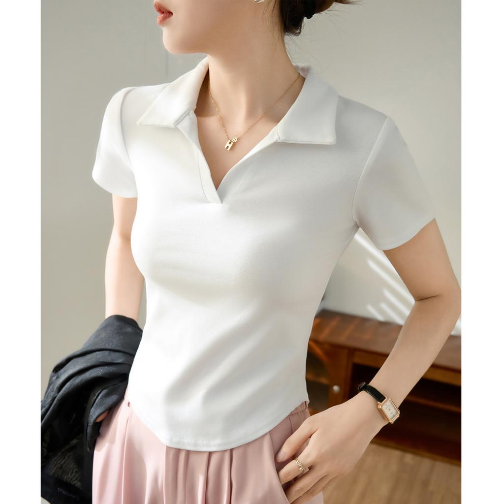 Summer Women's Positive Shoulder Slim Cotton Polo Neck Curved Short Sleeve T-Shirt