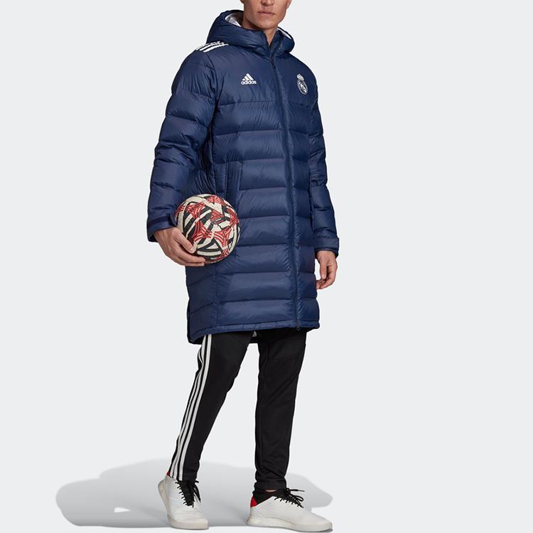 adidas Теплый пуховик средней длины с капюшоном Real Madrid, зимняя мужская верхняя одежда, темно-синий FQ3317
