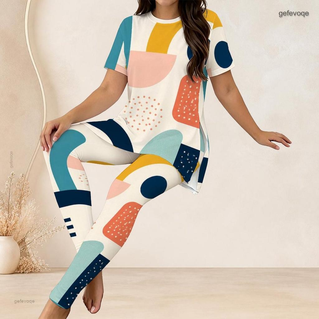 Women Plus Size Geometric Printed Round Neck Short Sleeve Long Top And Long Pants Two Piece Set