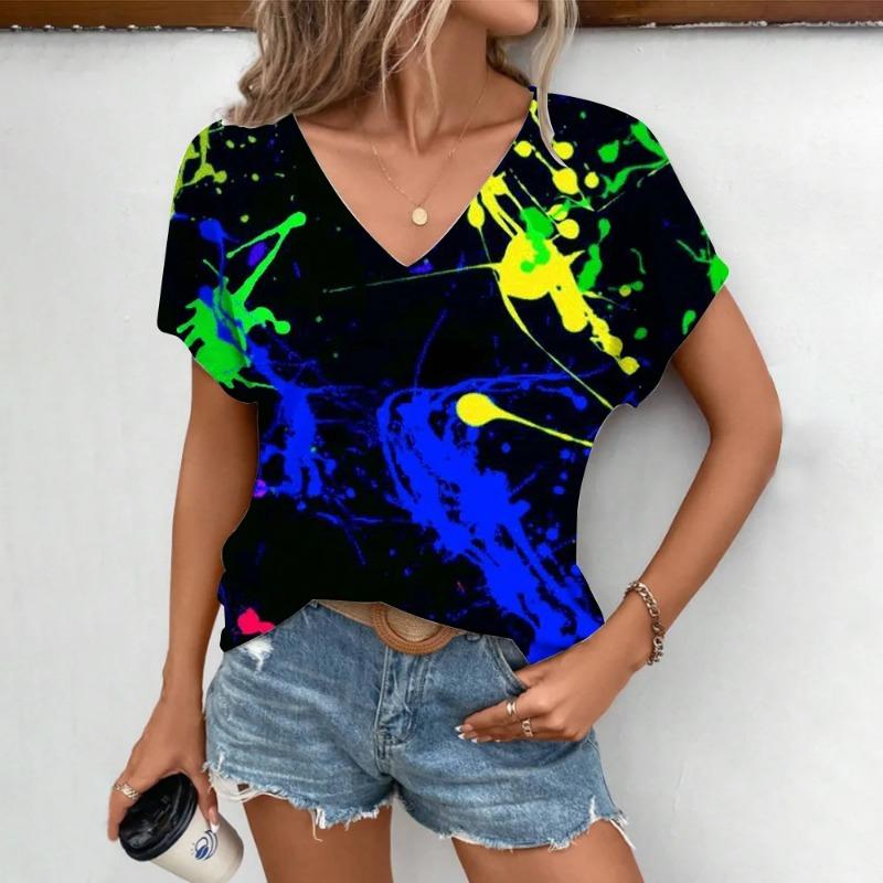 Футболка с принтом Color Splashed Ink 3D, женская уличная одежда, повседневные футболки, топы Y2k, женские футболки Harajuku с V-образным вырезом, свободная одежда