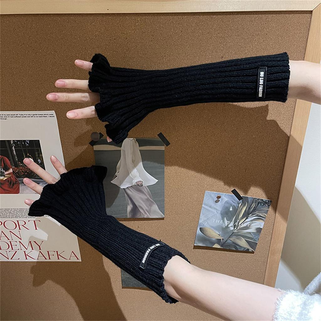 Winter Knit Trumpet Edge Trim Long Sleeve Arm Warmer Women Fingerless Gloves Thicken Outdoor Cycling Skiing Gloves
