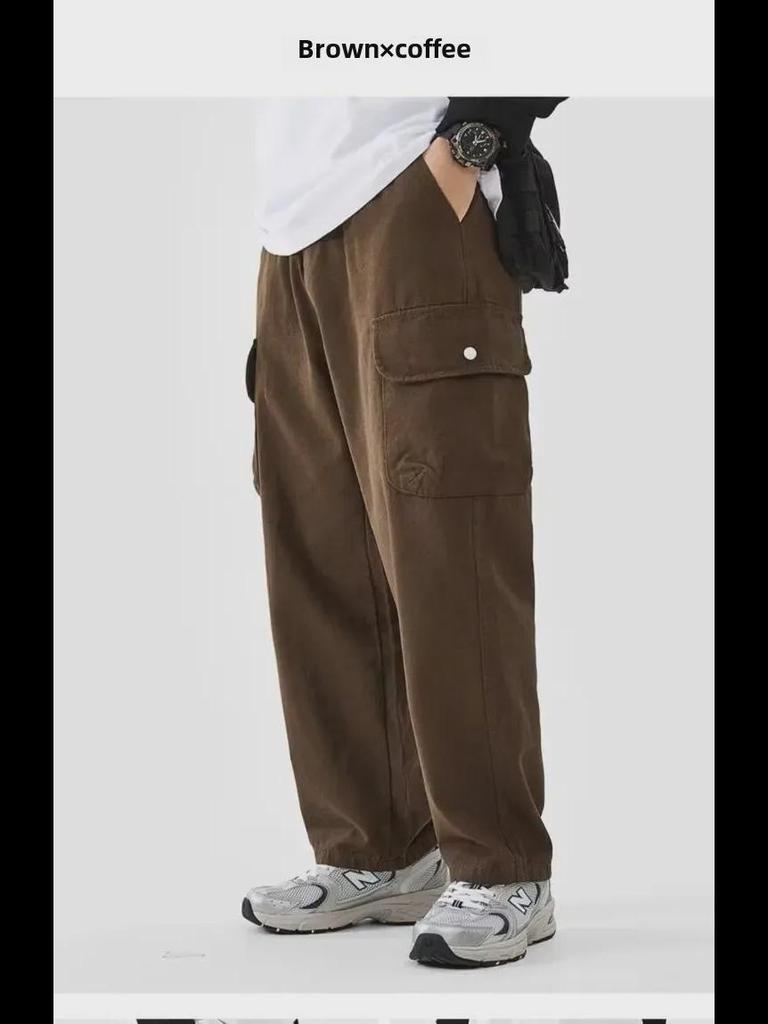 Однотонный мужской японский прямой комбинезон - модный гонконгский стиль, свободный крой, широкие повседневные брюки с карманами