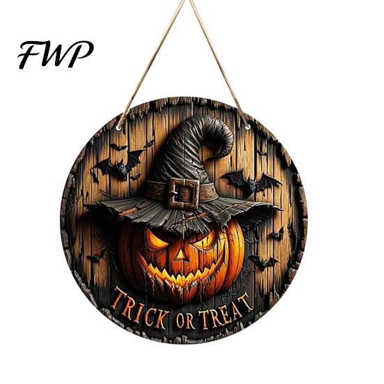 Outdoor Fall Porch Decoration Halloween Wooden Sign, Round Hanging Pendant with Lanyard, Retro Distressed Farmhouse Style Festive Accents Wood