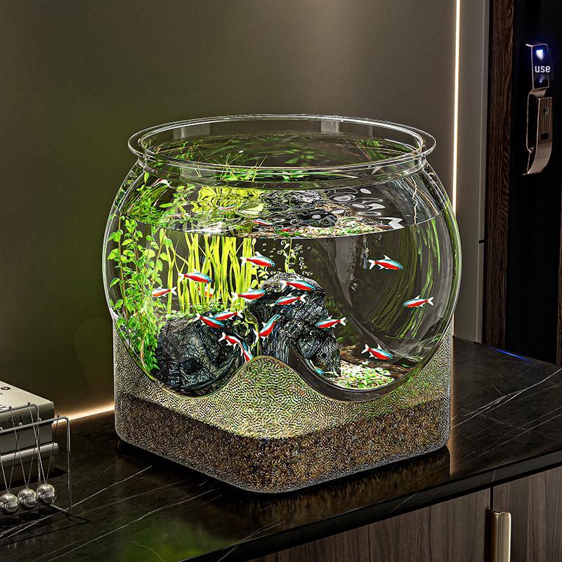 Compact Desktop Ecosystem Tank: Round Bottom, Ideal for Living Room or Study, Includes Decorative Micro Landscape and Small Fish Aquarium.