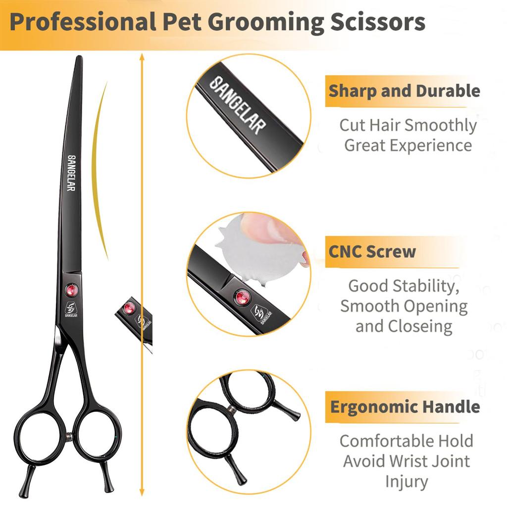 SANGELAR 8 Inch Pet Grooming Scissors Trimming Scissors Dog Grooming Curved Cutting Shear Big Pet Shop Tools Left Right Hand Using Pet Scissors