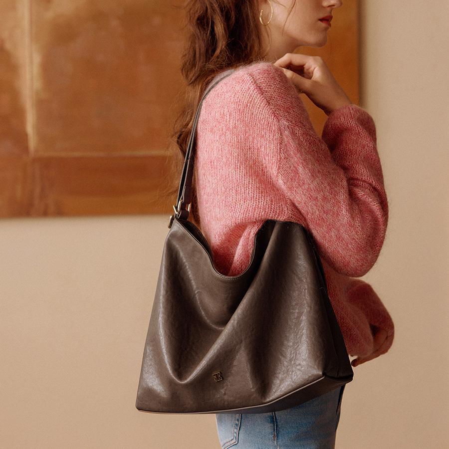 Elle Autumn Series Fashion Versatile Commuter Solid Color High-End Synthetic Leather Tote Shoulder Bag Large Women bags Gray Black E85F1260689