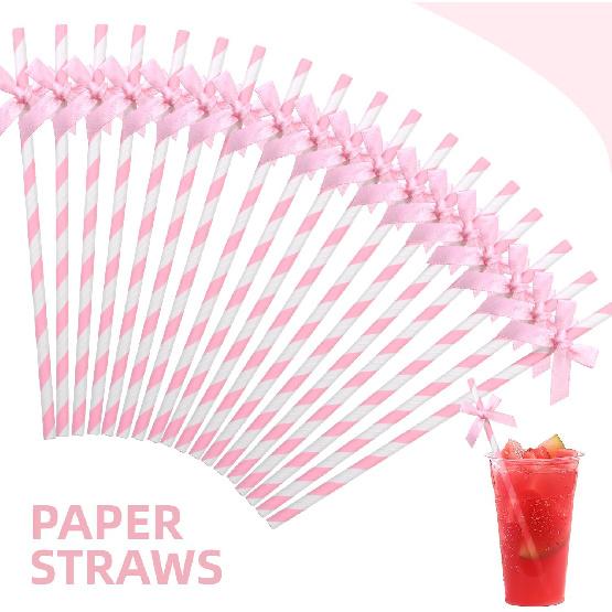 20pcs Pink Bow Straw, 7.7inch Biodegradable Cute Paper Straw, Wedding, Picnic, Birthday, Party Supplies for Juice Coffee Tea Cocktail Smoothie