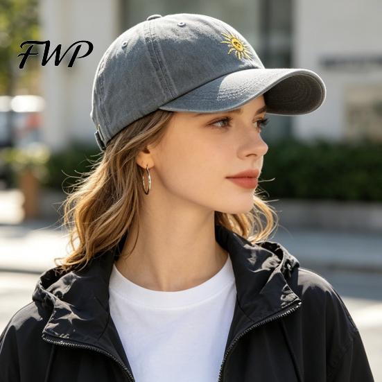 Summer Baseball Hat Embroidery Sun Pattern Hat, Adjustable Back Buckle Retro Distressed Breathable Style Cap, Washed Cotton Fabric Outdoor Sunshade