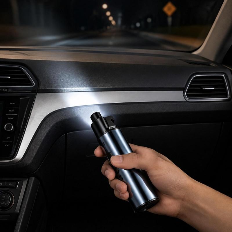 Car Safety Flashlight with Pointed Glass Breaker, Recessed Seat Belt Cutter, and Rechargeable LED Light for Roadside Emergency Preparation