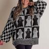 Halloween Spooky Sweater Plaid Pumpkin Ghost Pattern Knitting Tops Oversized Crew Neck Long