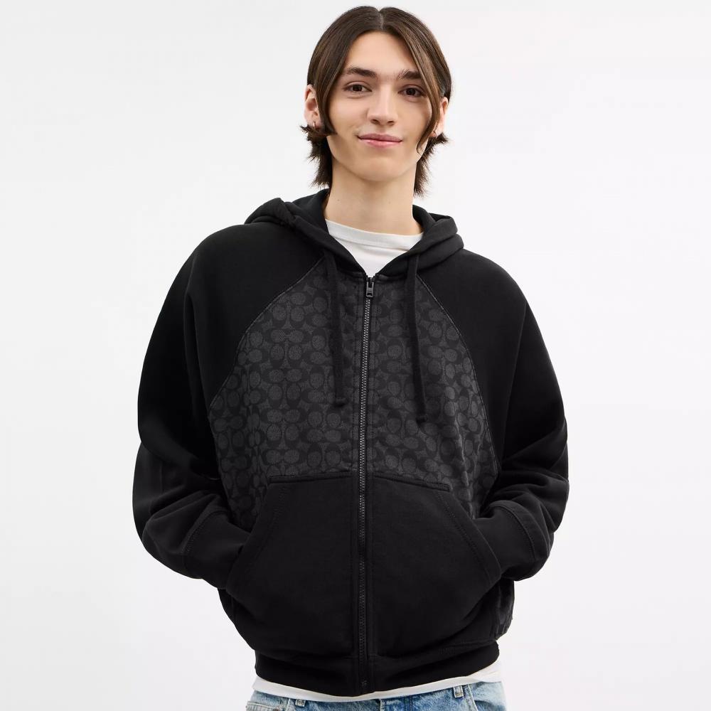 Coach Signature Full Zip Hoodie In Organic Cotton Charcoal Signature