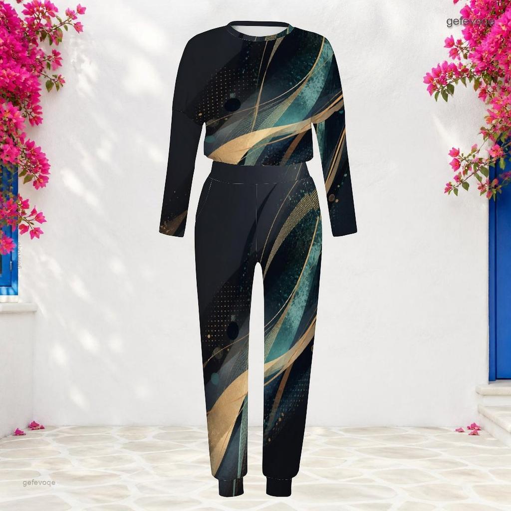 Women Plus Size Multicolor Printed Round Neck Long Sleeve Cuffed Top Cuffed Pants Two Piece Set