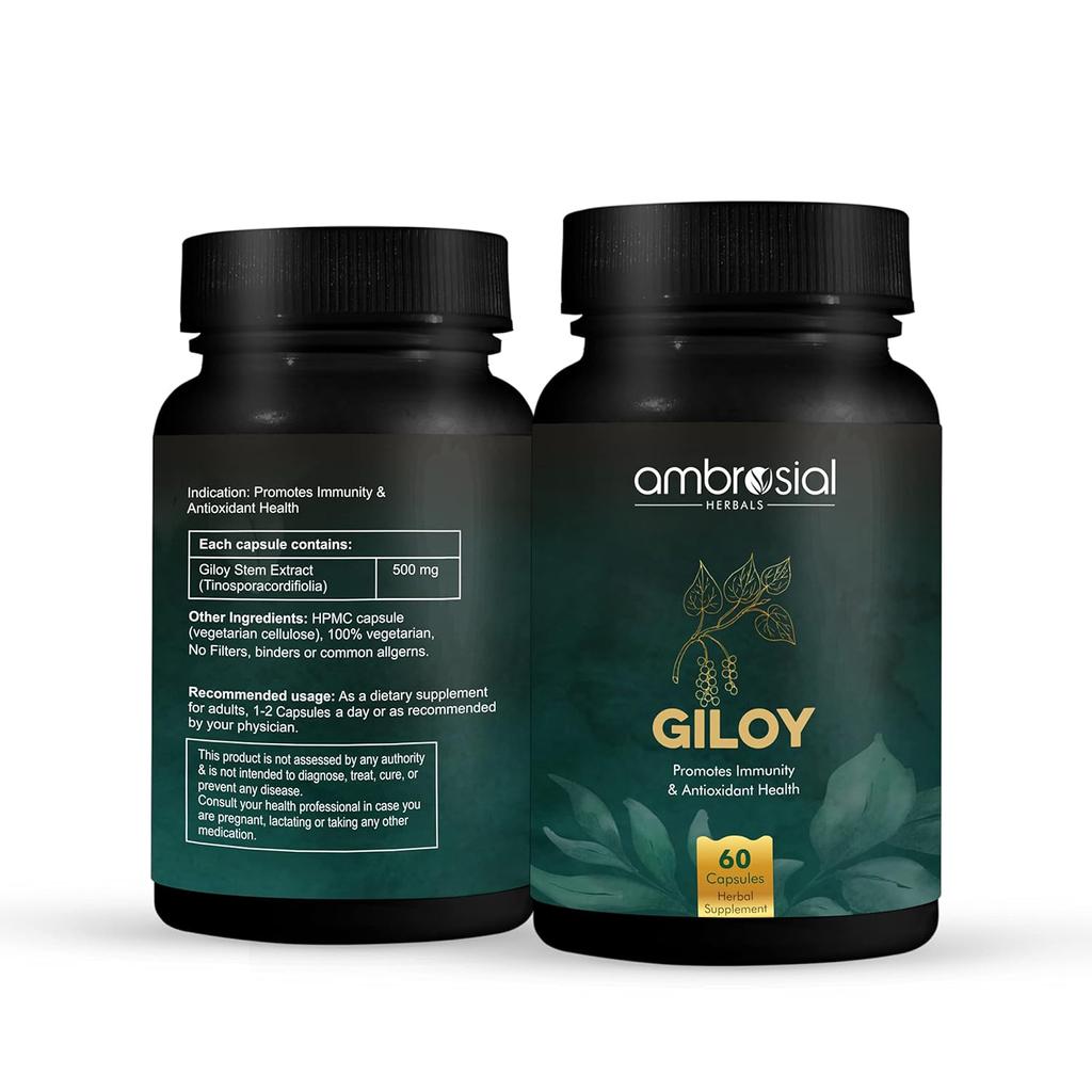 Таблетки Ambrosial Giloy 500 мг | Натуральный экстракт Giloy Guduchi, антиоксидантные свойства, усилитель иммунитета (Упаковка 1-60 капсул)