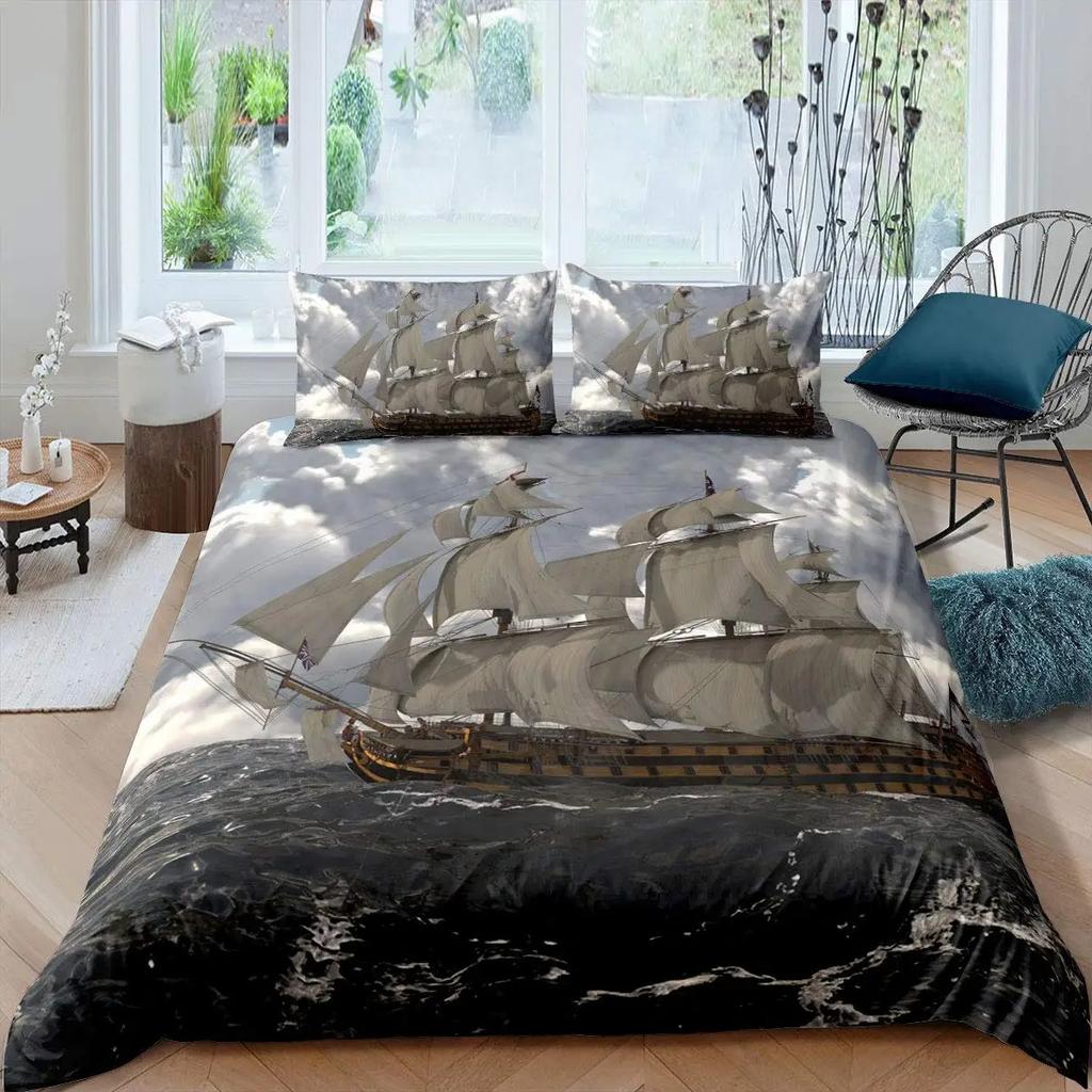 Пододеяльник с изображением парусной лодки King Queen, комплект постельного белья Coastal Sailing Boat, одеяло Sea Adventure, полиэстер, пододеяльник