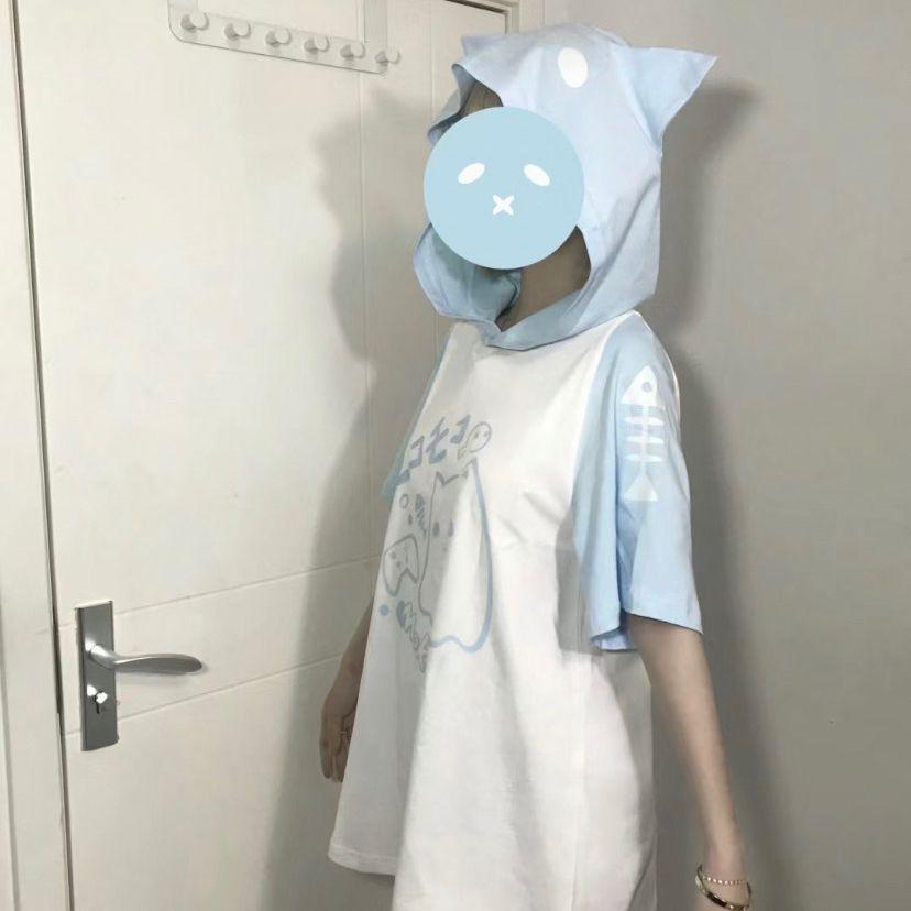 Kawaii T-Shirts Y2K Cute Cat Ear Cartoon Print Hooded Tees Women's Short Sleeve Shirt Summer Tops Women Girl Clothing