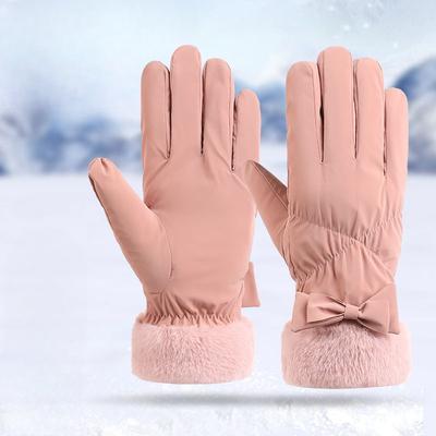 Зимние женские лыжные перчатки Модные перчатки с бантом Плюс флисовые Утепленные Теплые перчатки для катания Ветрозащитные Перчатки с сенсорным экраном