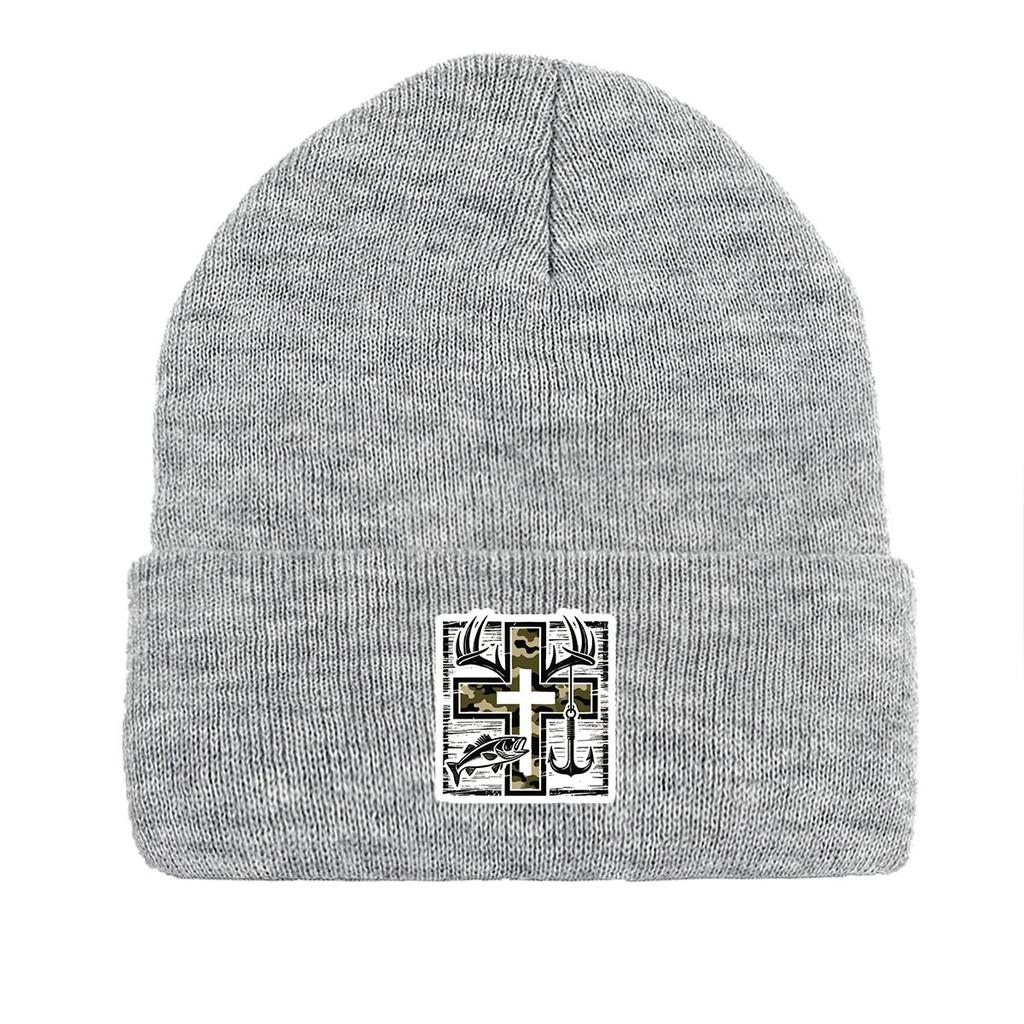 Crucifix Staghorn Fish Anchor Print Knitted Hat Beanie, Man Cap Warm Cozy Stylish Bonnet Knitted Cap Beanie