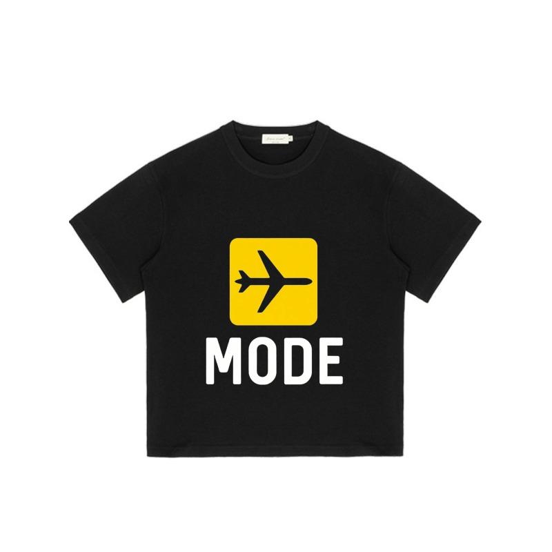 Crewneck T Shirt Black Airplane Icon and Mode Text Travel Fashion Casual Wear