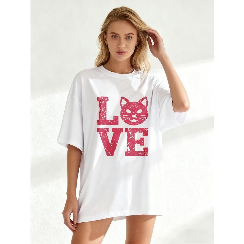 Большая футболка черного цвета с принтом мордочки кошки и надписью «Love» для повседневной носки для женщин